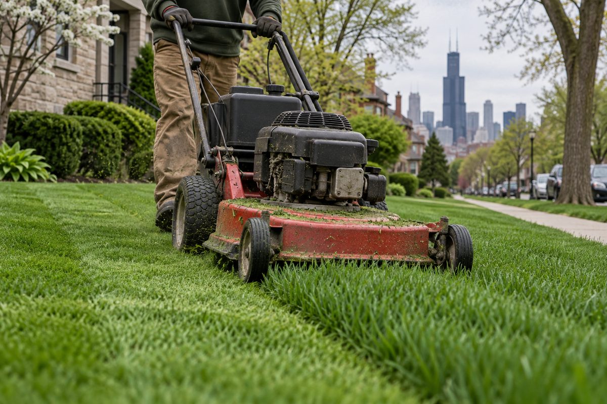 Commercial walk-behind mower cutting crisp straight stripes across a green residential lawn.