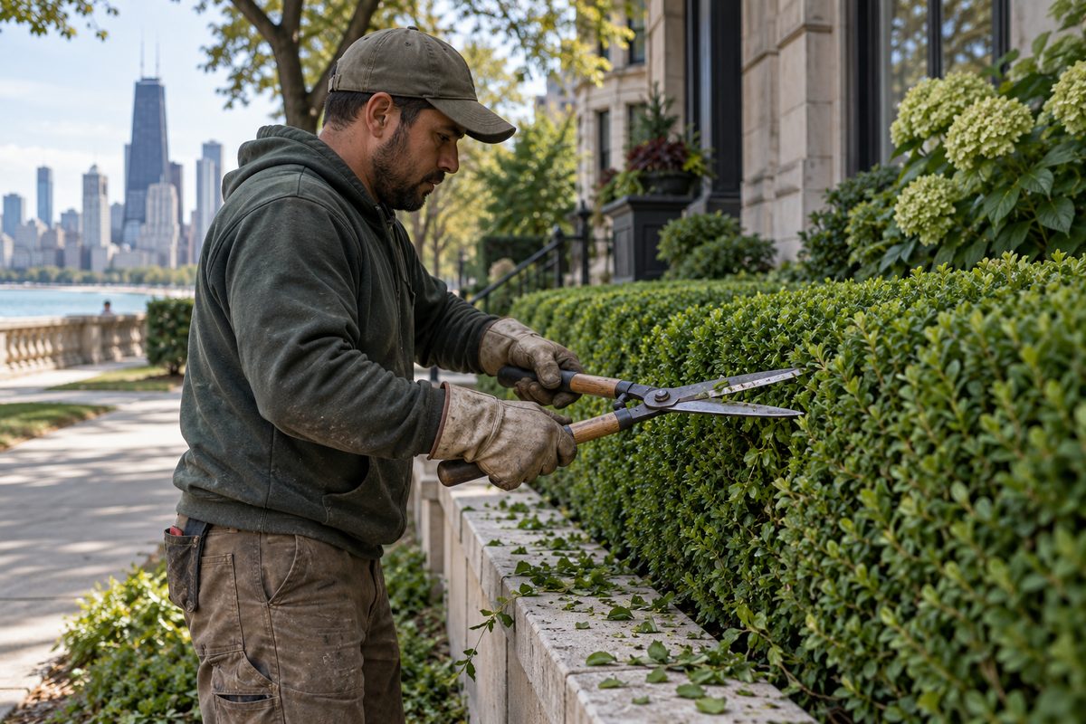 Gardener using steel shears to trim and shape a dense boxwood hedge along a stone border.